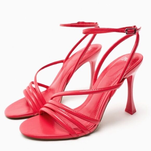 Zara High Heeled Red Strap Faux Leather Sandals Shoes Size 10 - Picture 1 of 11